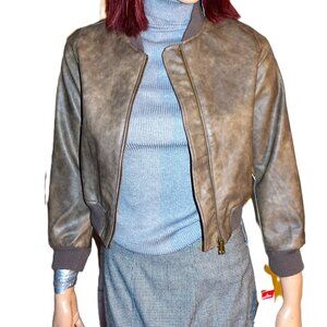 RSQ Faux Brown Leather Bomber Jacket L NWT